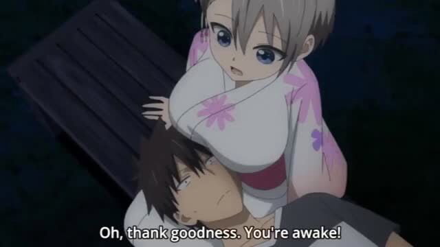 Busty gray-haired anime girl in kimono straddles guy on bench, fanservice from Uzaki