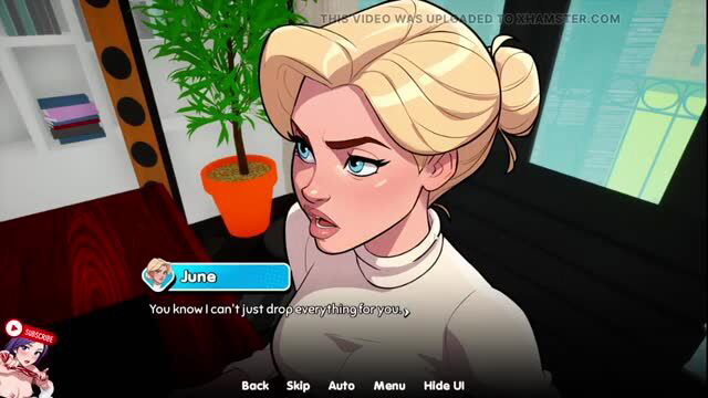 Blonde stepmom June in tight white sweater, stern expression, lewd game scene