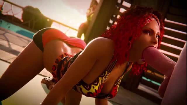 Naomi with red hair sucking huge cock in bikini at poolside