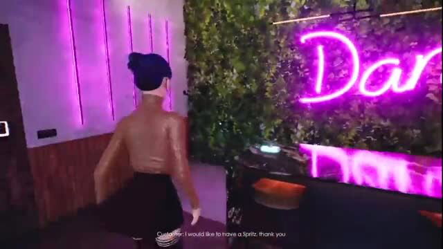 Blue-haired Asian babe in shiny top and mini skirt at neon bar in sex game