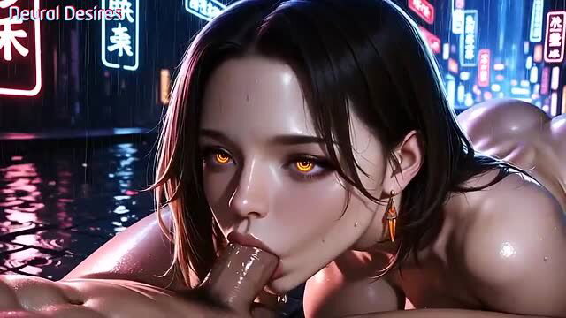 Asian neon rain goddess with yellow eyes sucking cock outdoors