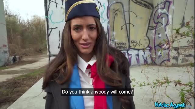 Shy brunette in schoolgirl uniform asks if anybody will come in Public Agent