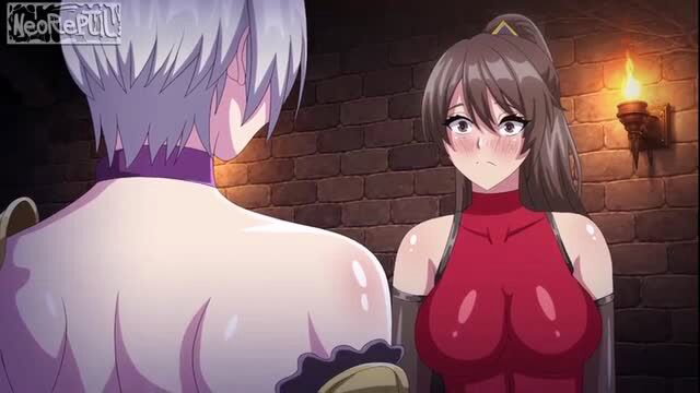 NeoReptil silver-haired girl collared, topless back view with busty brunette in red dress