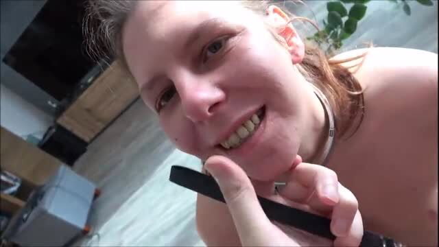 Cream nude thrall beauty smiling with collar and crop, semen slave tease