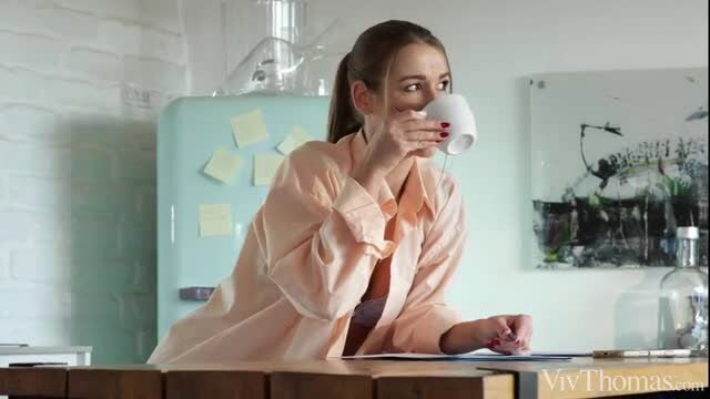 Lucy Mendez sips coffee in sheer pink blouse, sexy morning tease