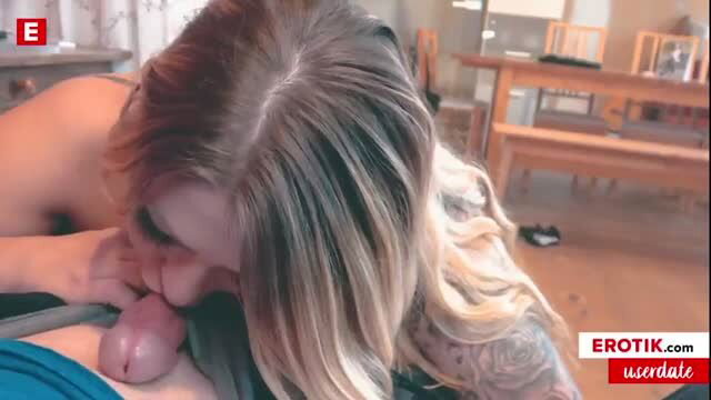 Tattooed pornstar Mia Blow sucking cock closeup