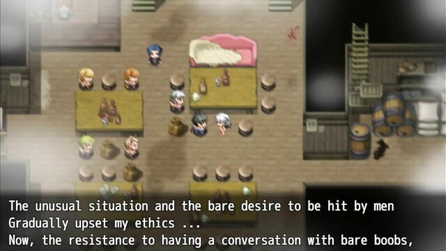 Nude anime girl with bare tits chats with clothed men in Grace of the Labyrinth Town