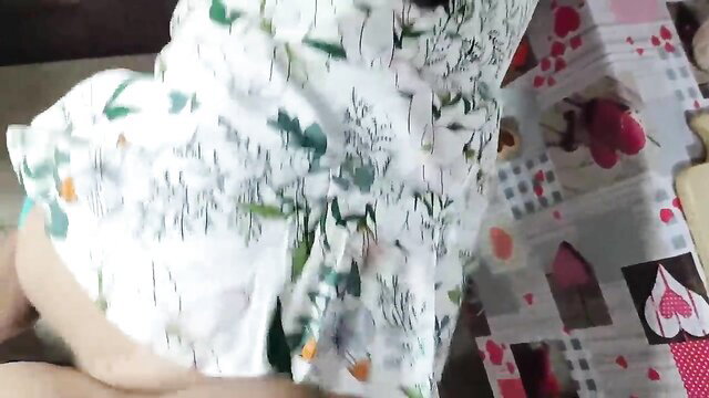 Hot stepdad's wife in floral mini dress teases big ass bent over bed