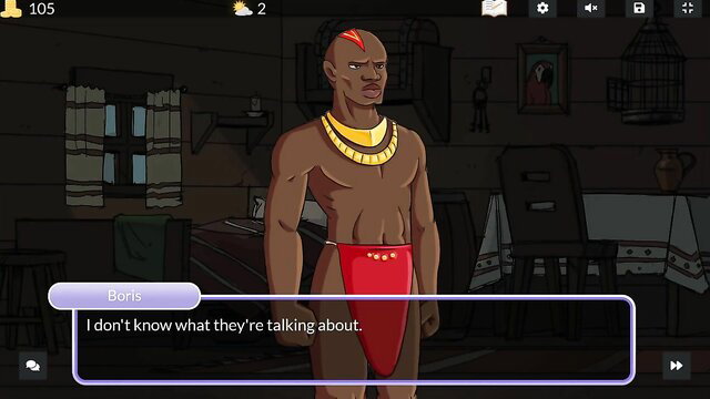 Muscular African tribal man Boris in red loincloth, confused expression