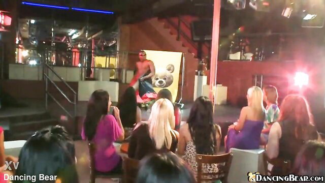 Dancing Bear Surprise Gift: Black stud dances for busty party girls