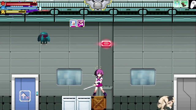 Purple-haired samurai girl with sword in sci-fi room, hentai game scene