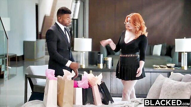 Annabel Redd redhead in black mini dress with black man Blacked