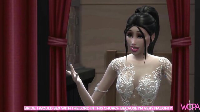 Naughty Sims bride in lace gown teases sex with priest in church