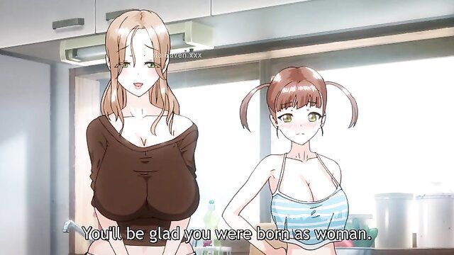 Busty anime MILF and teen in bikinis tease viewer in JAV family scene