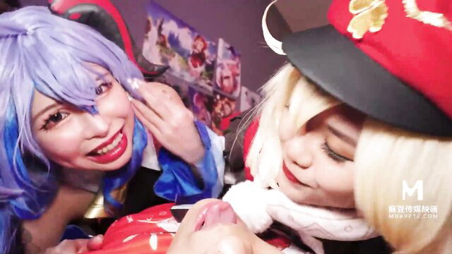 Two cosplay JAV girls double blowjob on cock, Genshin style