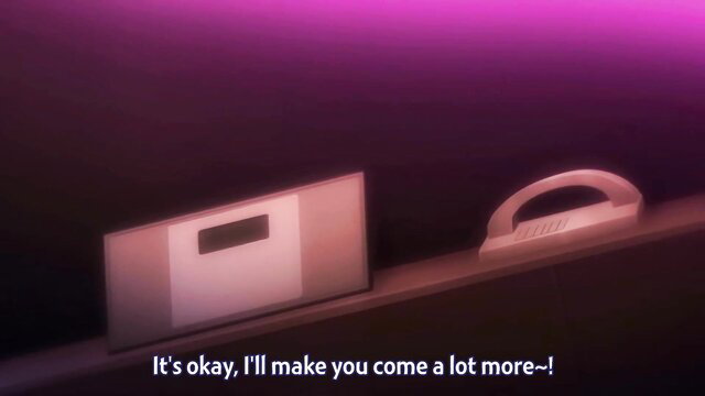 Anime hentai girl whispers 'I'll make you cum a lot more' on purple background