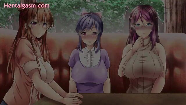 3 busty anime harem girls blush in heat, big tits exposed, hentai motion anime