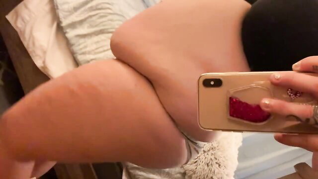 Thick big girl in black bra shows off huge thighs and ass on bed weigh-in