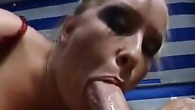 Blonde with heavy makeup licks cock closeup on Hollywood swing