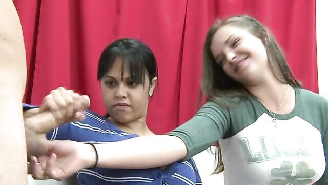 Abby Darling and friend jerk off nude male model in CFNM art class