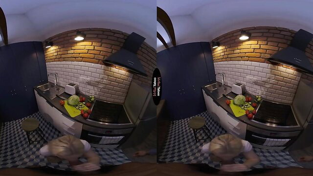 Blonde daughter bends over kitchen counter in tight skirt, teasing ass up