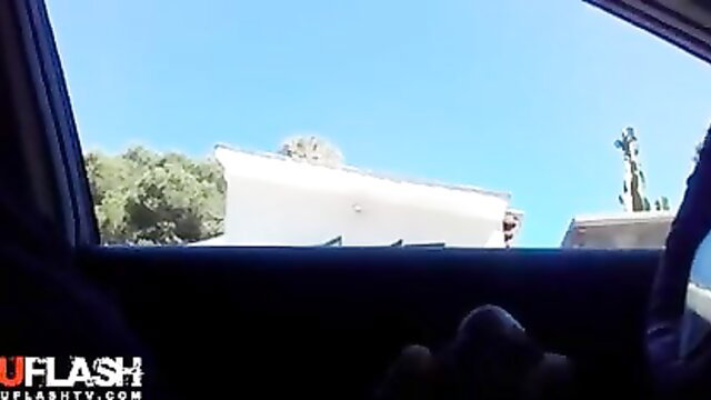 POV amateur outdoor car sex with busty brunette from passenger seat