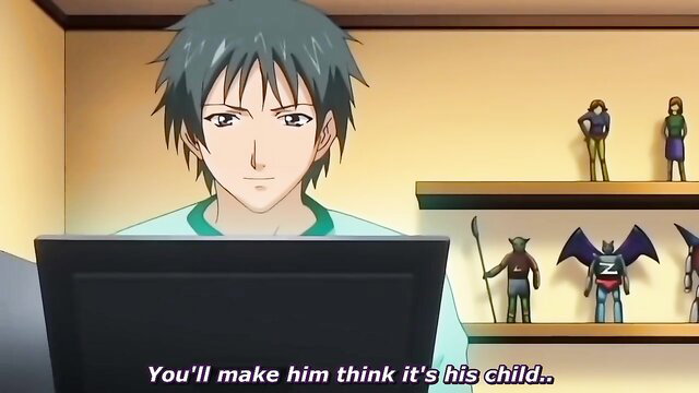 Yokorenbo Immoral Mom anime hentai guy at desk shocked by pregnancy lie