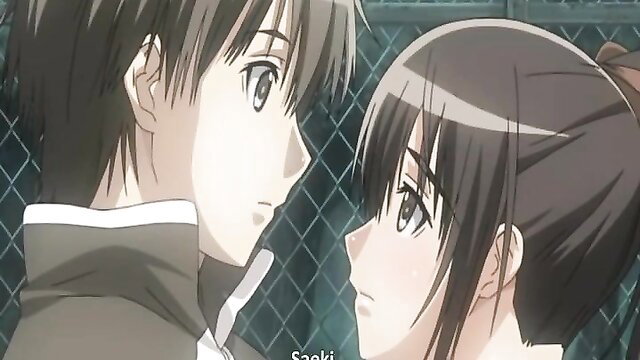 Anime couple close-up: boy and girl gazing intimately, black hair