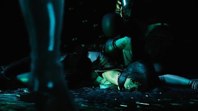 Ghost in the Shell futa gangbang orgy with masked figures in latex