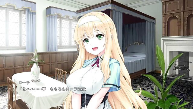 Blonde busty maid in sexy uniform smiling in bedroom