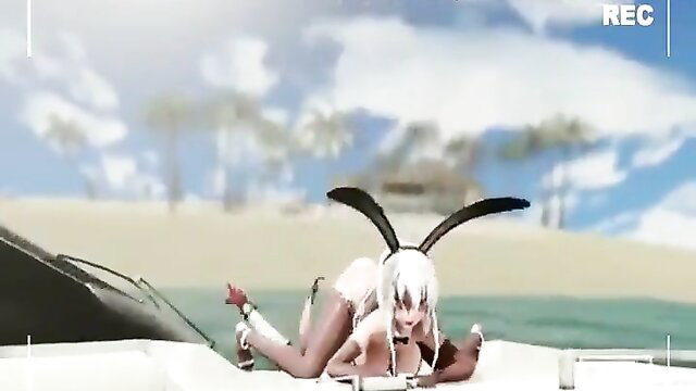 White-haired futanari bunny girl in skimpy bikini on beach yacht