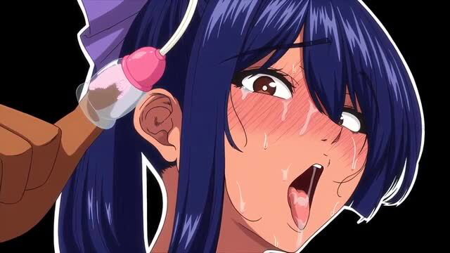 Blue-haired anime hentai girl ahegao face with ear sex toy insertion