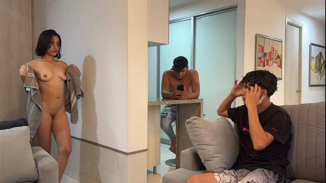 Nude Latina MILF teases in robe while hubby unaware, friend watches