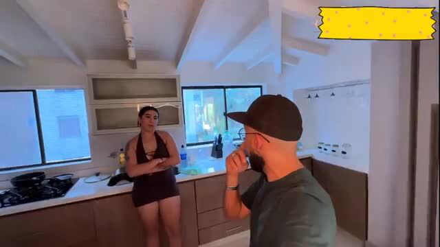 Emily Fox in tiny dress chats with SoldierHugeCock in kitchen