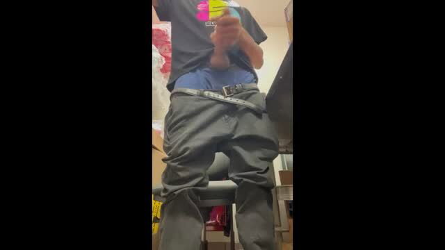 Geo jacking big black cock in work pants and belt