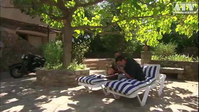 Priscilla Salerno topless outdoor scene with man on lounge chair