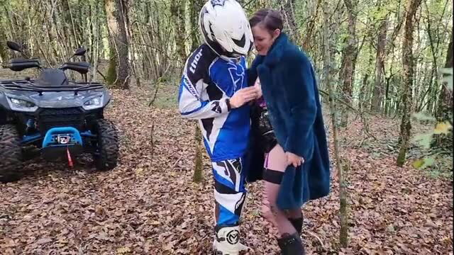 ATV cuckold sex in forest: wife in stockings and fur coat with lover