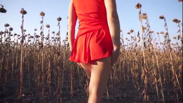 MILF in short red skirt teasing outdoors in sunflower field