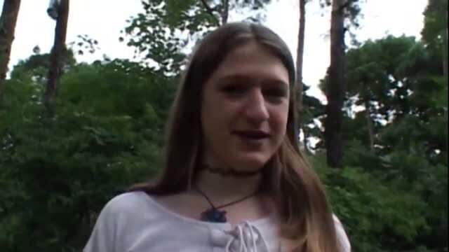 German brunette babe in woods sucking cock