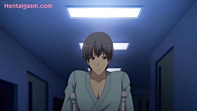 Sexy anime nurse in robe walks hospital hallway, hentai thumbnail