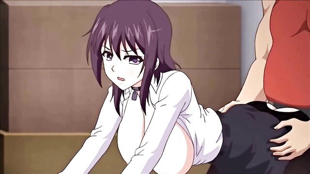 Purple-haired anime girl groped from behind in tight skirt and blouse, JAV hentai