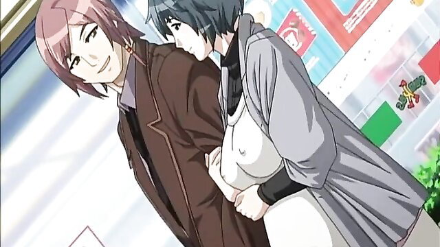 Two anime boys in JAV scene, pink-haired embraces blue-haired from behind