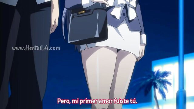 Anime girl in short skirt and thighhighs with man, Tropical Kiss hentai upskirt tease