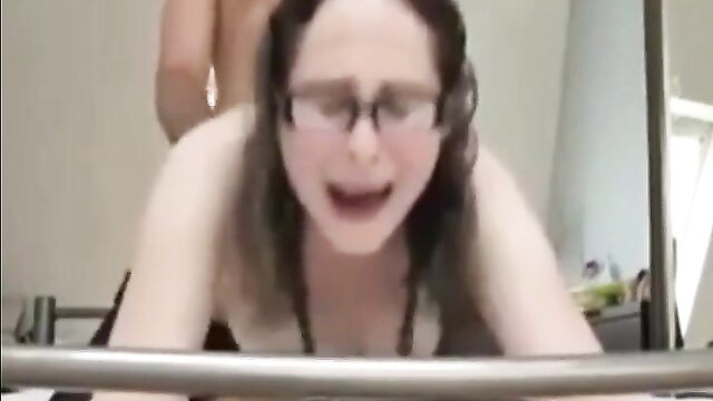 Sabine gagging on cock doggystyle, glasses, amateur blowjob