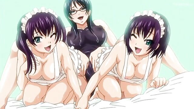 Three busty anime maids in maid outfits smiling playfully on bed