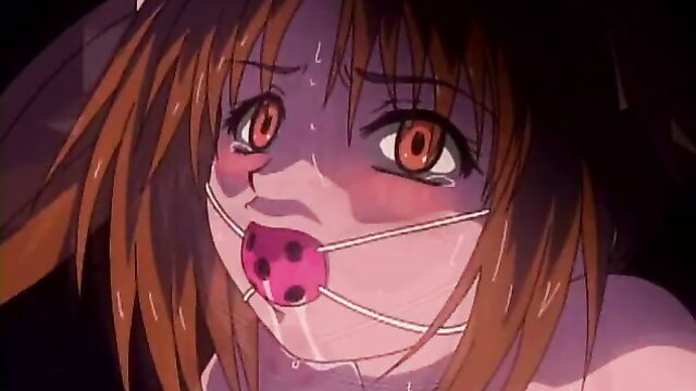 Anime girl gagged with ballgag, bound ropes, teary eyes in JAV hentai