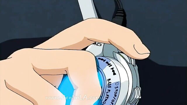 Anime hand groping blue-lit bass boost button on white headphones closeup