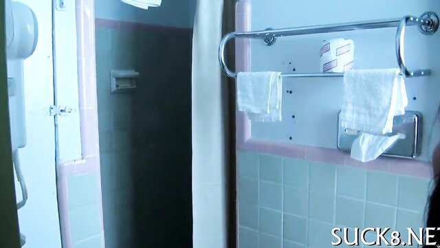 Babe awards stud with sex in steamy bathroom hotel room