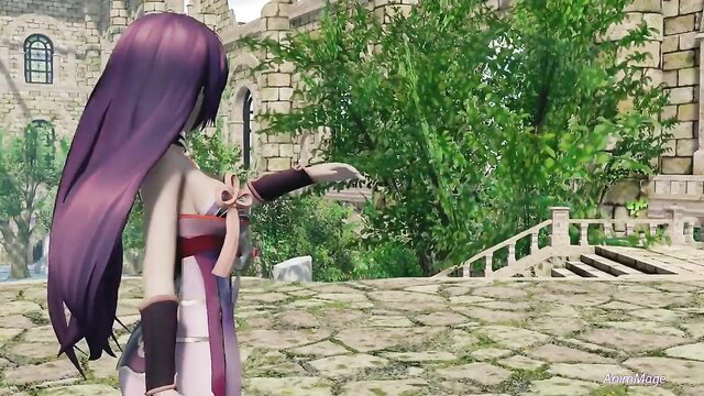 Purple-haired anime girl in skimpy dress points at giant butterfly in ruins
