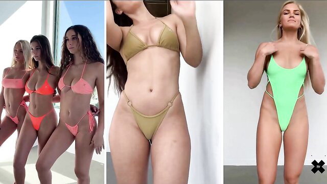 Hot bikini babes compilation: red, tan, green swimsuits posing sexy